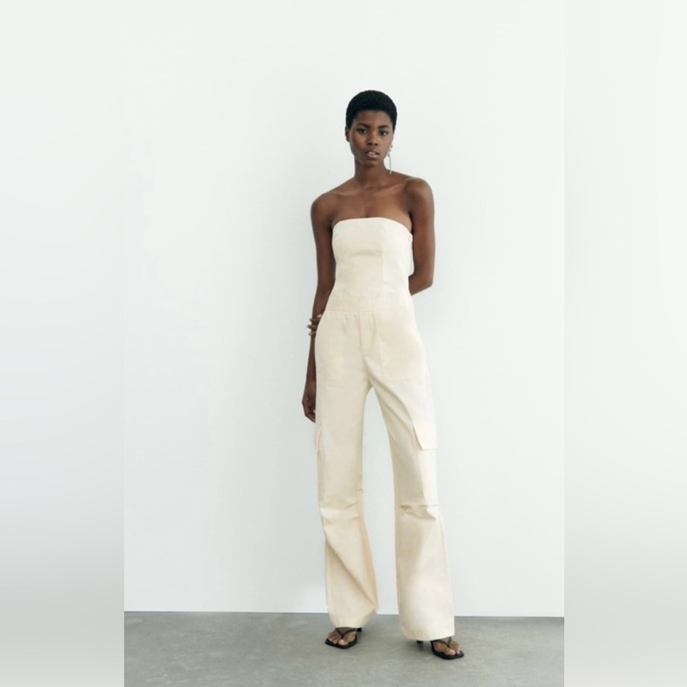 🖤ZARA Strapless Vanilla LONG CARGO JUMPSUIT🖤SZ XS